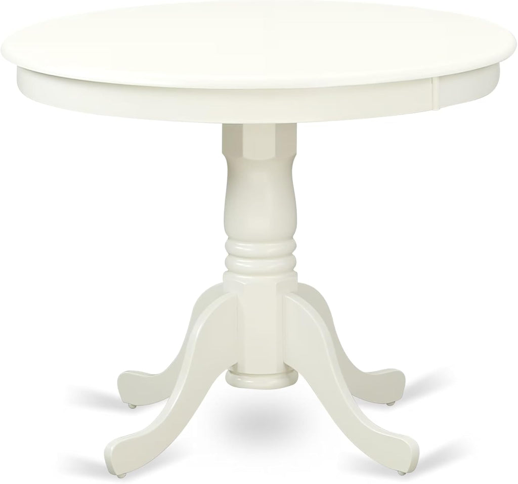East West Furniture ANCL3-LWH-W 3 Piece Kitchen Table Set for Small Spaces Contains a Round Dining Room Table with Pedestal and 2 Solid Wood Seat Chairs, 36x36 Inch, Linen White