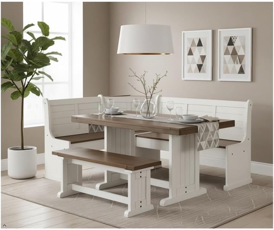 Pemberly Row Dining Set Wood, Rectangular in Off White (36' H x 75' W x 56' D) for Kitchen, Dining Room with Table, Reversable Benches, and Storage Space