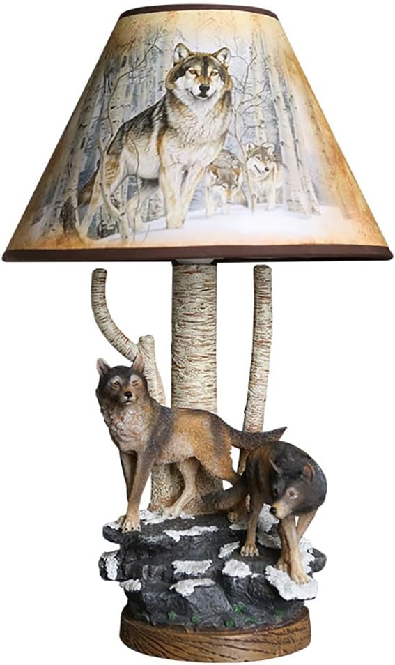Meefad Wolf Table Lamp, Rustic Bedside Lamp with Resin Base, Retro Night Light, Accent Lamp for Bedroom Reading Nightstand