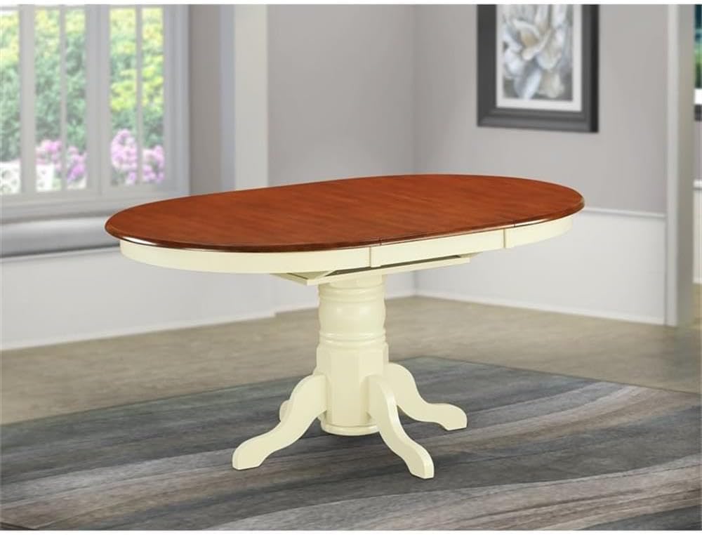 East West Furniture AVT-WHI-TP Avon Dining Table - an Oval Wooden Table Top with Butterfly Leaf & Pedestal Base, 42x60 Inch, Buttermilk & Cherry
