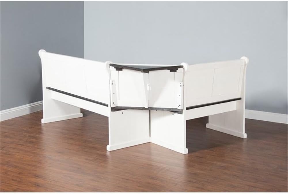 Pemberly Row Wood Breakfast Nook Set, Off White and Dark Brown Finish, Mahogany Base, Hidden Storage Benches, Reversible Design, Two-Toned European Cottage Style Dining Set for Small Spaces