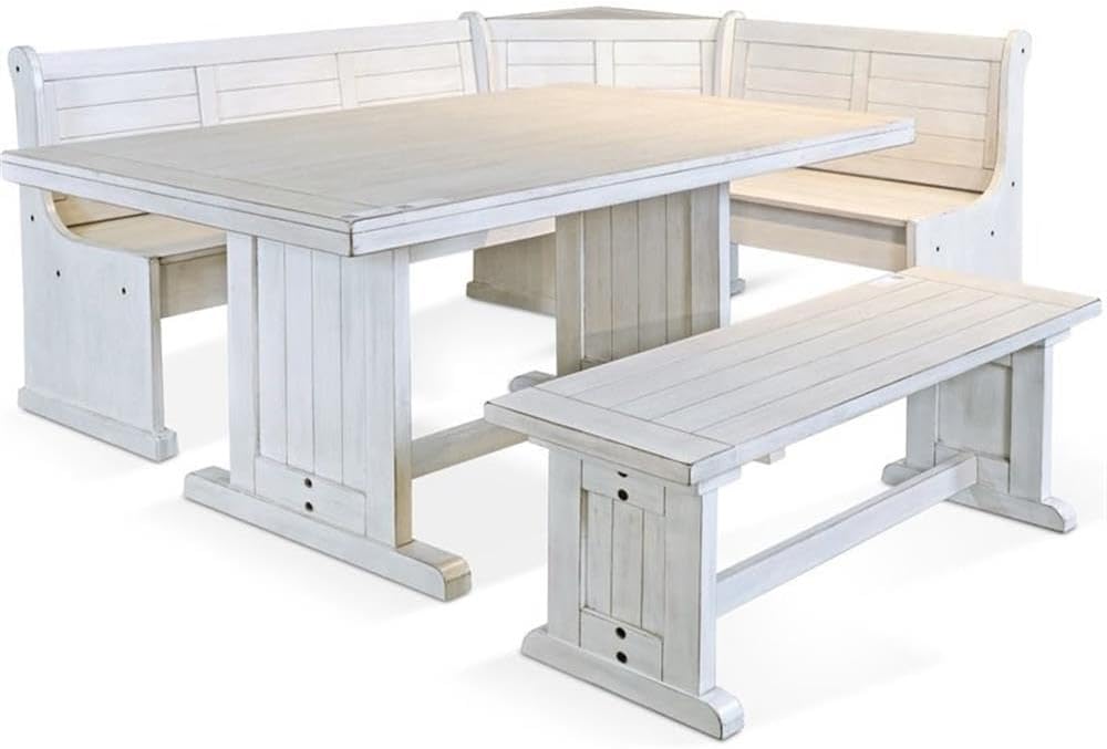 Pemberly Row 75' x 56' Farmhouse Wood Breakfast Nook Set with Table, Storage, Reversable Benche, L-Shaped Corner Bench, for Dining Room, in Marble White Finish