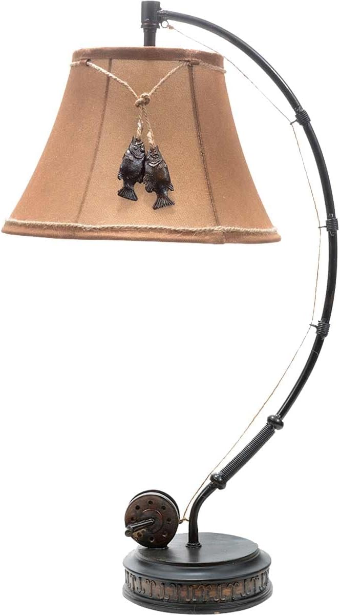 BLACK FOREST DECOR - Fishing Reel Table Lamp with Faux Moleskin Shade - Perfect Cabin & Lodge Decor - 28' x 15' x 13'