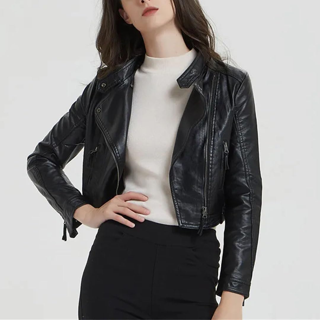 Women'S Washed Rivet Motorcycle Coat Streetwear Style Short Turn-Down Collar Long Sleeves Fashion PU Leather Outerwear