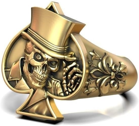 IshaanJewel Flower Design Skeleton Top Hat Men's Ring 14K White Gold Over Skull Playing Card Spades Hat Ring Oxidized 925 Silver Handcrafted Card Game Symbol Style Ace of Spades Jewelry Gift For Him