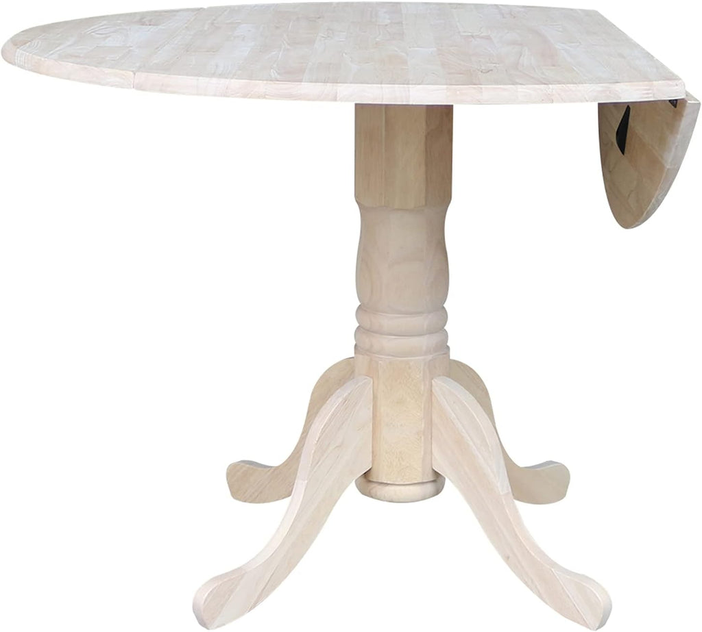 IC International Concepts, Round Dual Drop Leaf Pedestal Dining Table, Solid Real Wood, Sturdy Parawood, Dimensions 42'D x 42'W x 29.5'H, 40lbs Capacity, Paint/Stain Ready, Unfinished