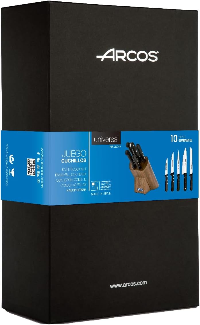 ARCOS Knife Set 5 pieces Nitrum Stainless Steel. Greater cutting power. Pine Wood Block. Ergonomic Polyoxymethylene POM Handle. Series Universal. Greater control. Color Black