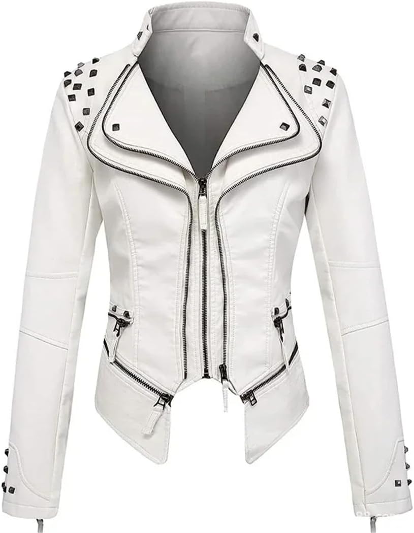 Women's PU Leather Jacket Rivet Decor Lapel Short Biker Coat Washed Casual Spring Autumn Fashion Outerwear