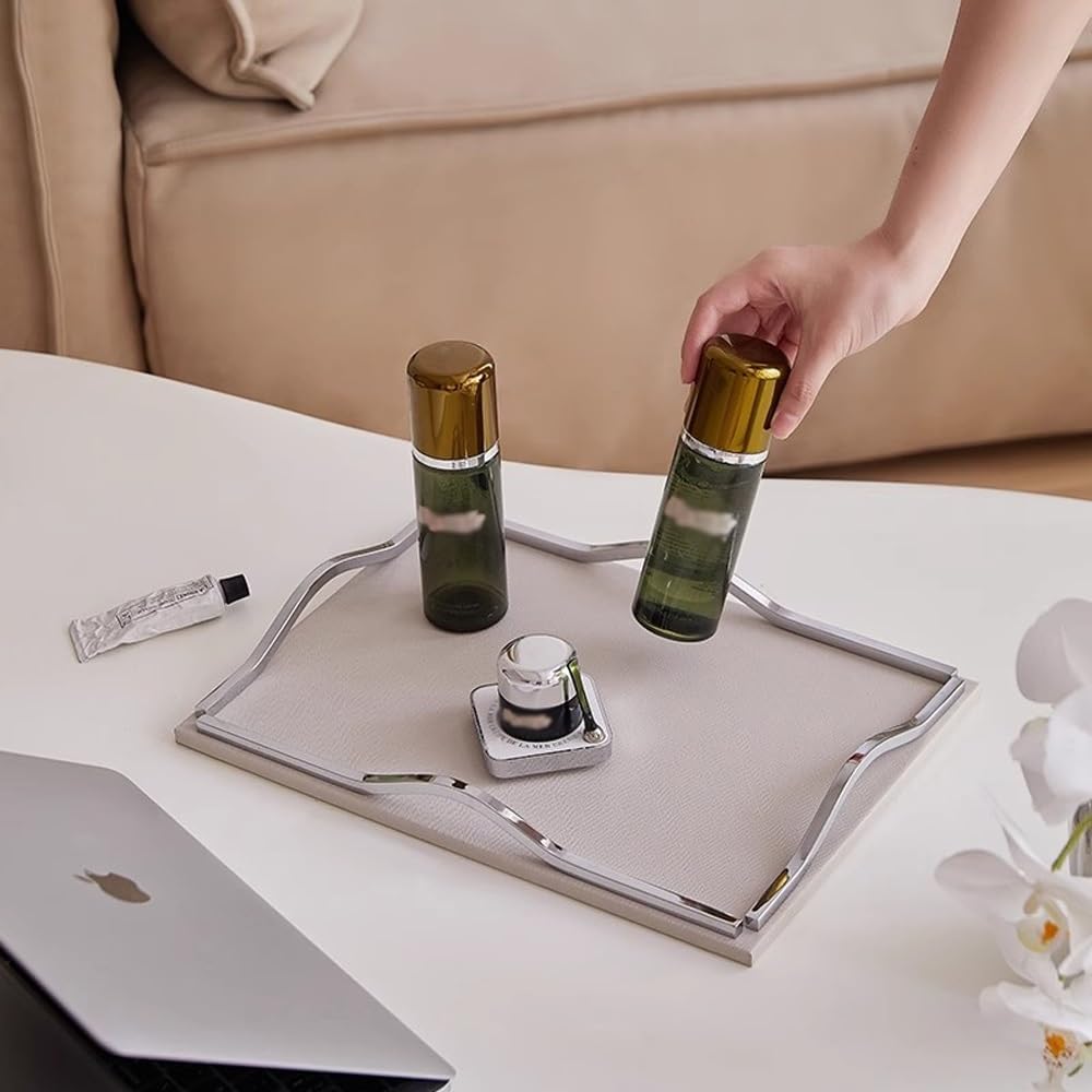 Decorative Serving Tray - Modern Rectangle Leather Tray with Metal Handles for Coffee Table, Living Room, and Kitchen