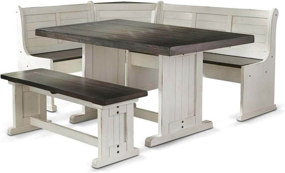 Pemberly Row Wood Breakfast Nook Set, Off White and Dark Brown Finish, Mahogany Base, Hidden Storage Benches, Reversible Design, Two-Toned European Cottage Style Dining Set for Small Spaces