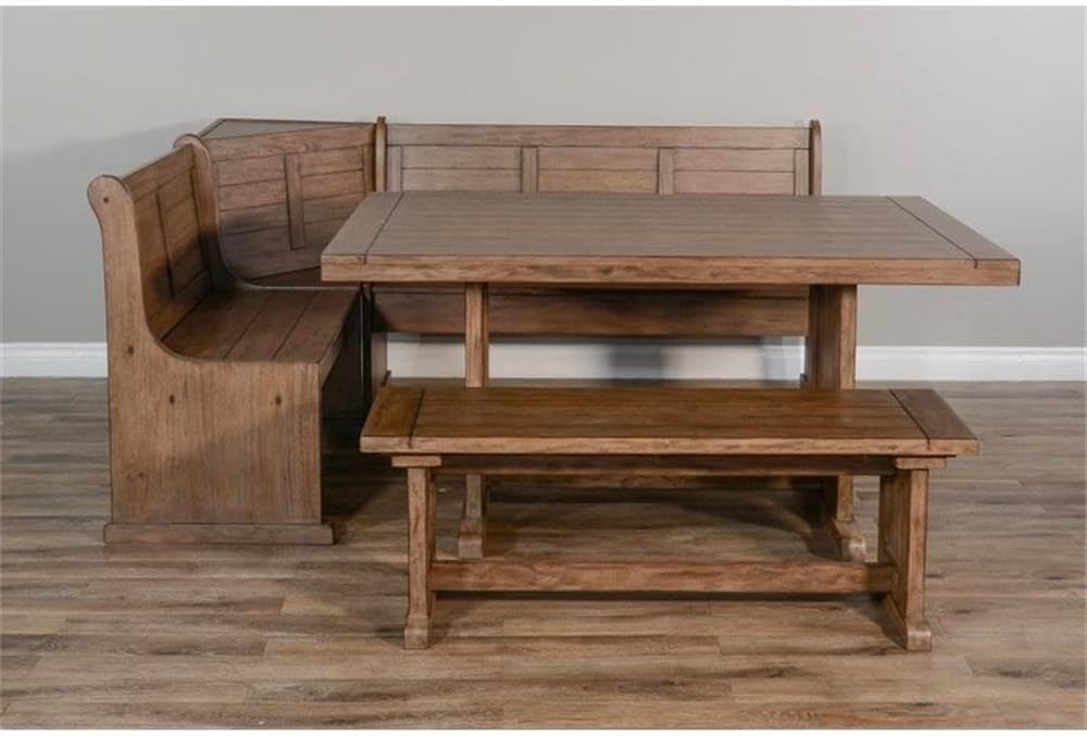 Pemberly Row 75' x 56' Farmhouse Wood Breakfast Nook Set with Table, Lift Seats, Hidden Storage, Reversible Benches, for Small Spaces, in Buckskin/Taupe Brown Finish