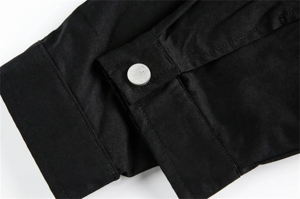 Fnfmrfmr Mens Black Cargo Jacket Spliced Rivet Retro Loose Lapel Long Sleeve Casual Outerwear