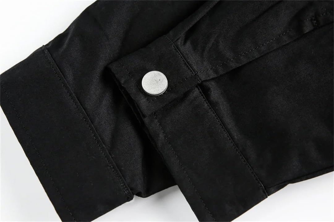 Fnfmrfmr Mens Black Cargo Jacket Spliced Rivet Retro Loose Lapel Long Sleeve Casual Outerwear