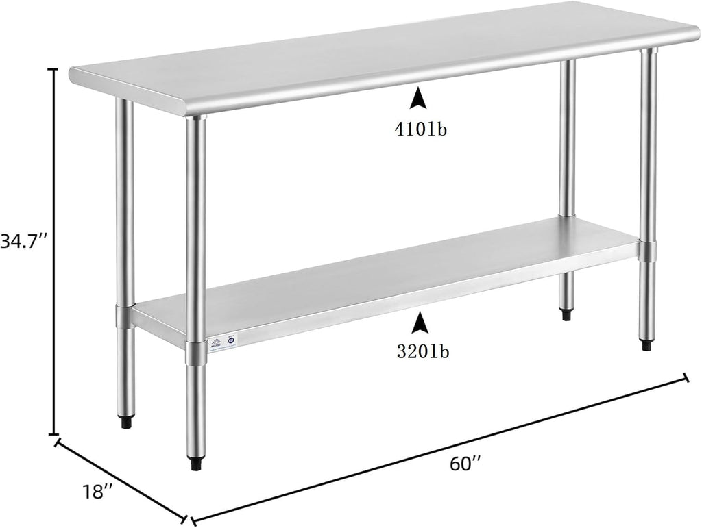 ROCKPOINT Stainless Steel Table for Prep & Work 18x60 Inches, NSF Metal Commercial Kitchen Heavy Duty Table with Adjustable Under Shelf and Table Foot for Restaurant, Home and Hotel