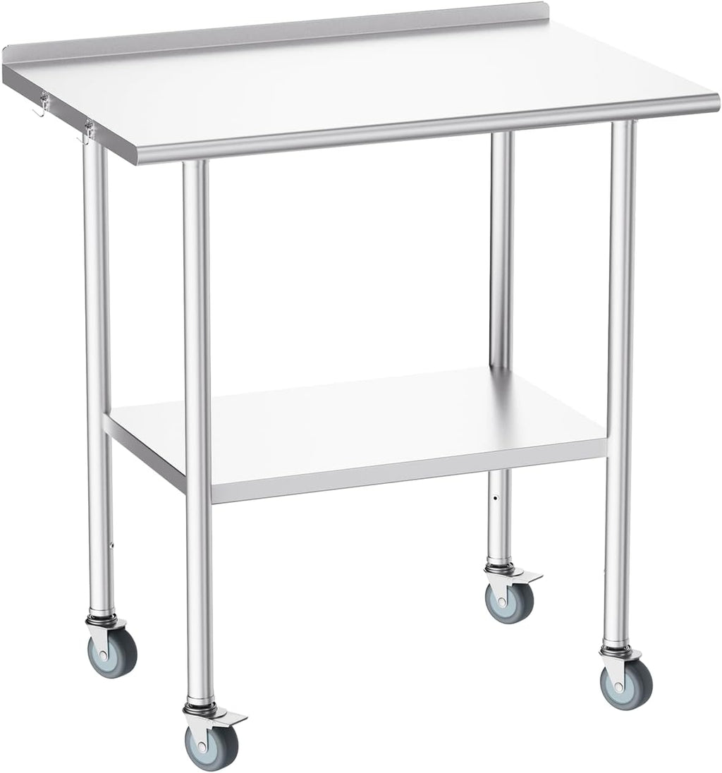 Atelicf All-Stainless Steel Prep Table, 30 x 36 Inch, with Rounded-Corner Backsplash, Casters and Adjustable Undershelf, Heavy-Duty Build for Outdoor Use, Restaurants, Kitchens, Gardens, and Garages