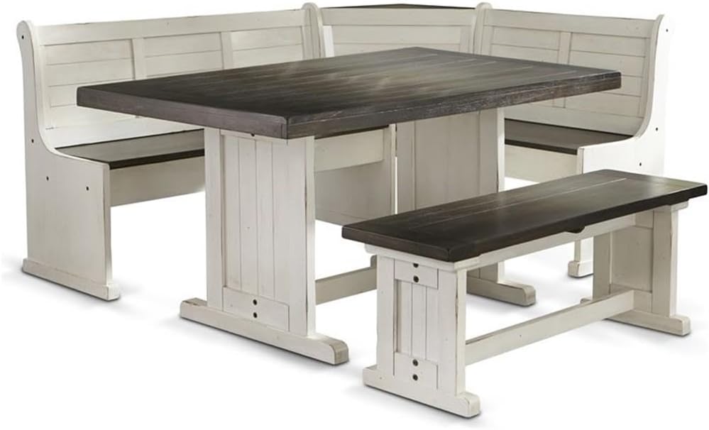 Pemberly Row Wood Breakfast Nook Set, Off White and Dark Brown Finish, Mahogany Base, Hidden Storage Benches, Reversible Design, Two-Toned European Cottage Style Dining Set for Small Spaces