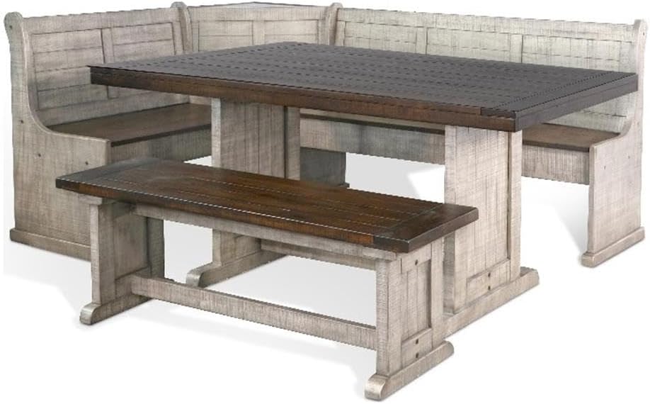 Pemberly Row 3-Piece Traditional Solid Wood Breakfast Nook Set with Table, Storage Space, Foldable Corner Shelf, Fit Any Space Blending Style and Function, in Gray & Brown Finish