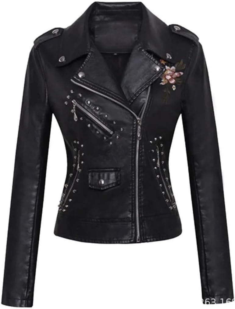 Women's PU Leather Jacket Rivet Decor Lapel Short Biker Coat Washed Casual Spring Autumn Fashion Outerwear