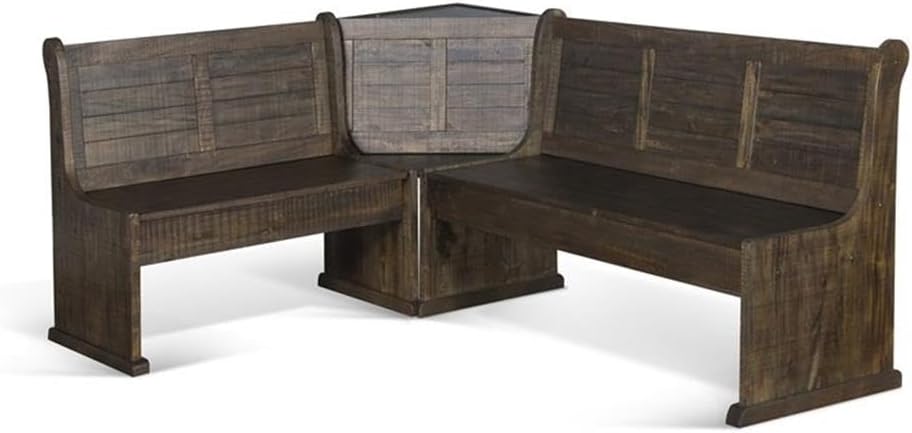 Pemberly Row 3-Piece Farmhouse Wood Breakfast Nook Set with Table, Hidden Storage, Planked Tops, Reversible Seating, in Tobacco Leaf Finish