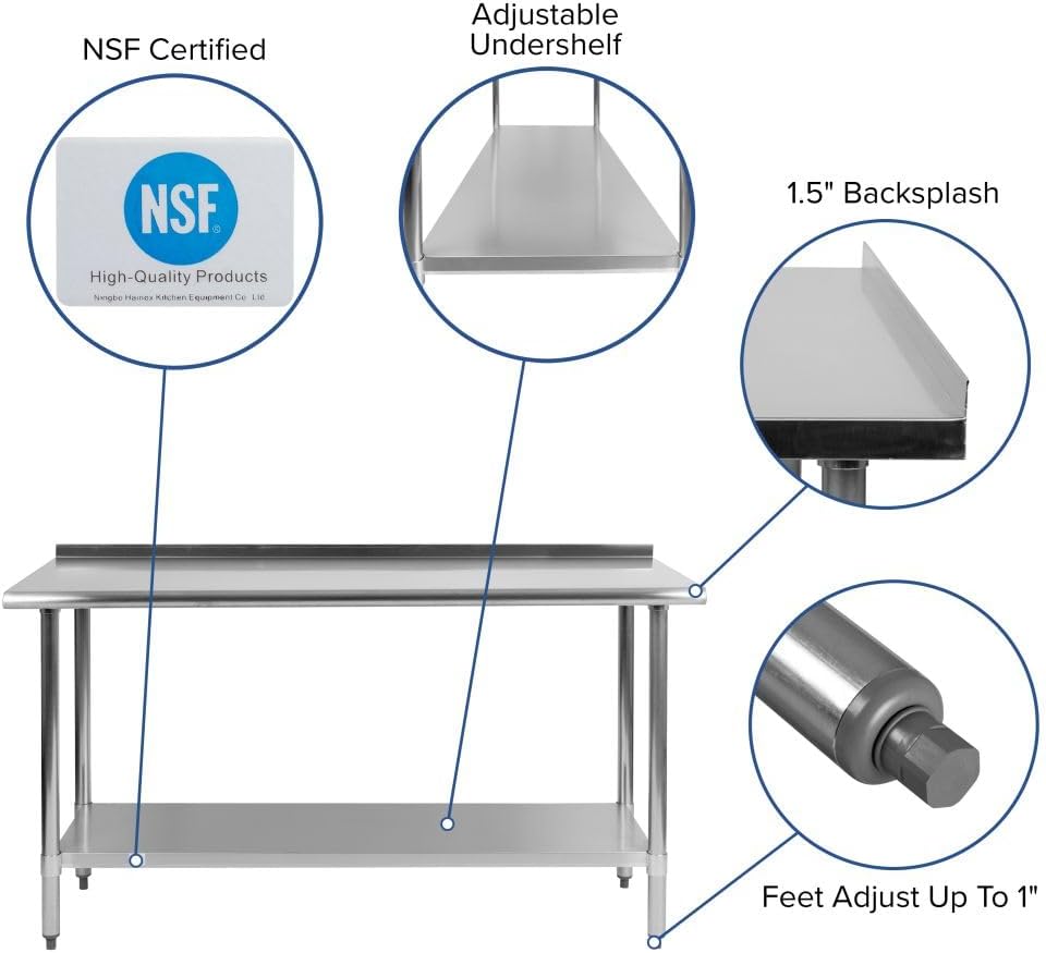 Flash Furniture Reese NSF Certified Stainless Steel Kitchen Prep and Work Table, Commercial Work Table with Storage, 60'W x 24'D x 36'H, Silver