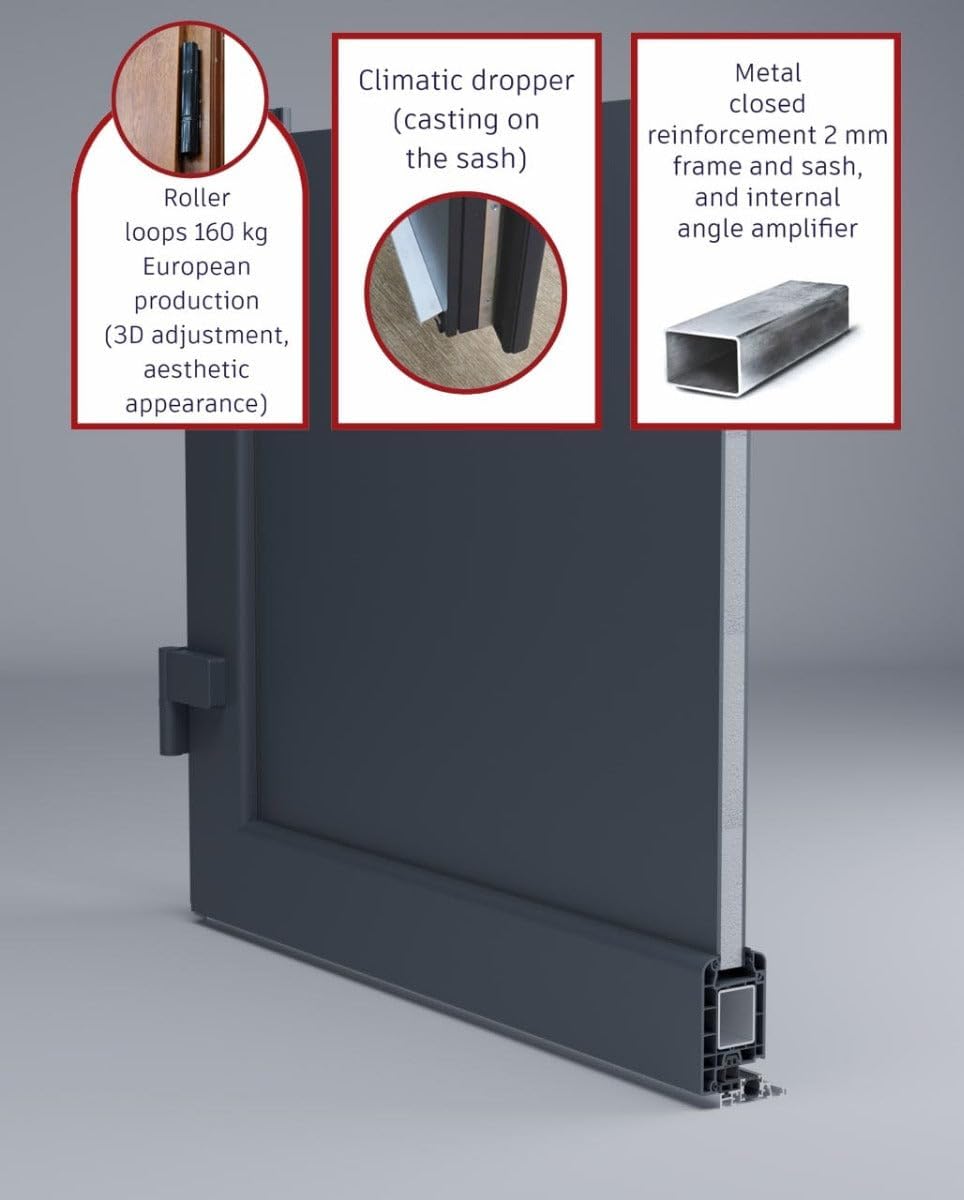 VDOMDOORS Front Exterior Prehung Metal-Plastic Door Mirrored-Clear Glass | Manux 8112 Matte Black | 2 Side Sidelite Transoms | Residential Doors Entrance Patio Garage 60 x 80 (W12+36+12 x H80) LH-I