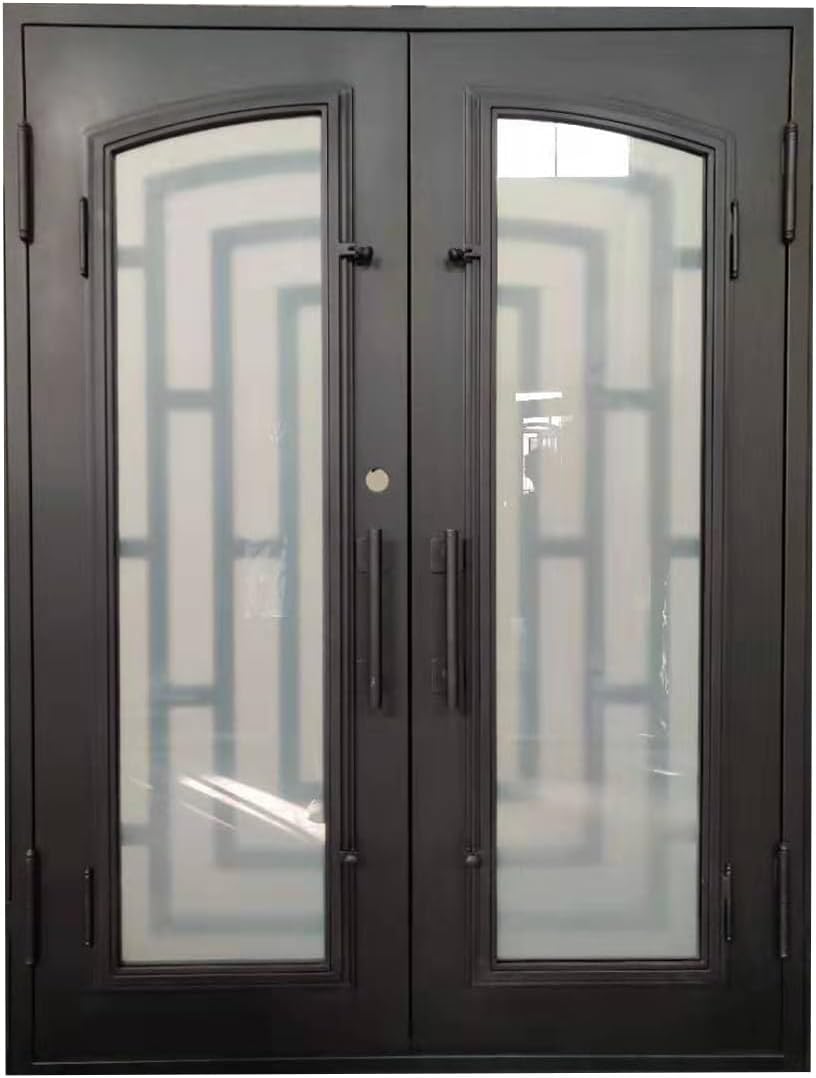 Belton Model Exterior Double Front Entry Door Wrought Iron with Fixed Tempered Lowe E Glass Inside Swing Dark Bronze Finish (Dark Bronze, 40 by 100 Single (Hinge On Left))