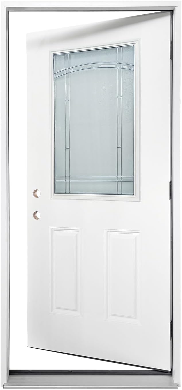 Durable 36 in. x 80 in. Composite Fiberglass Entry Door – 1/2 Lite 2-Panel Decorative Glass, Prehung Exterior Front Door, Right-Hand Inswing, Finished White, Ready to Install