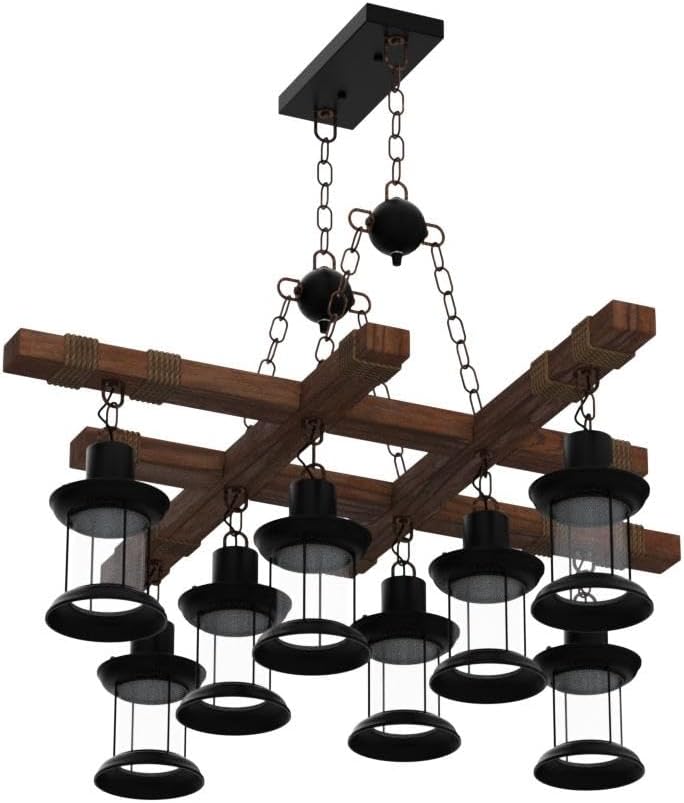 GHY 8 Lights Industrial Wooden Hanging Lighting Black Metal Chandelier Farmhouse Vintage Pendant Lamp Glass Lampshade for Pool Table Kitchen Island Bar Retro Ceiling Light Height Adjustable Fixture