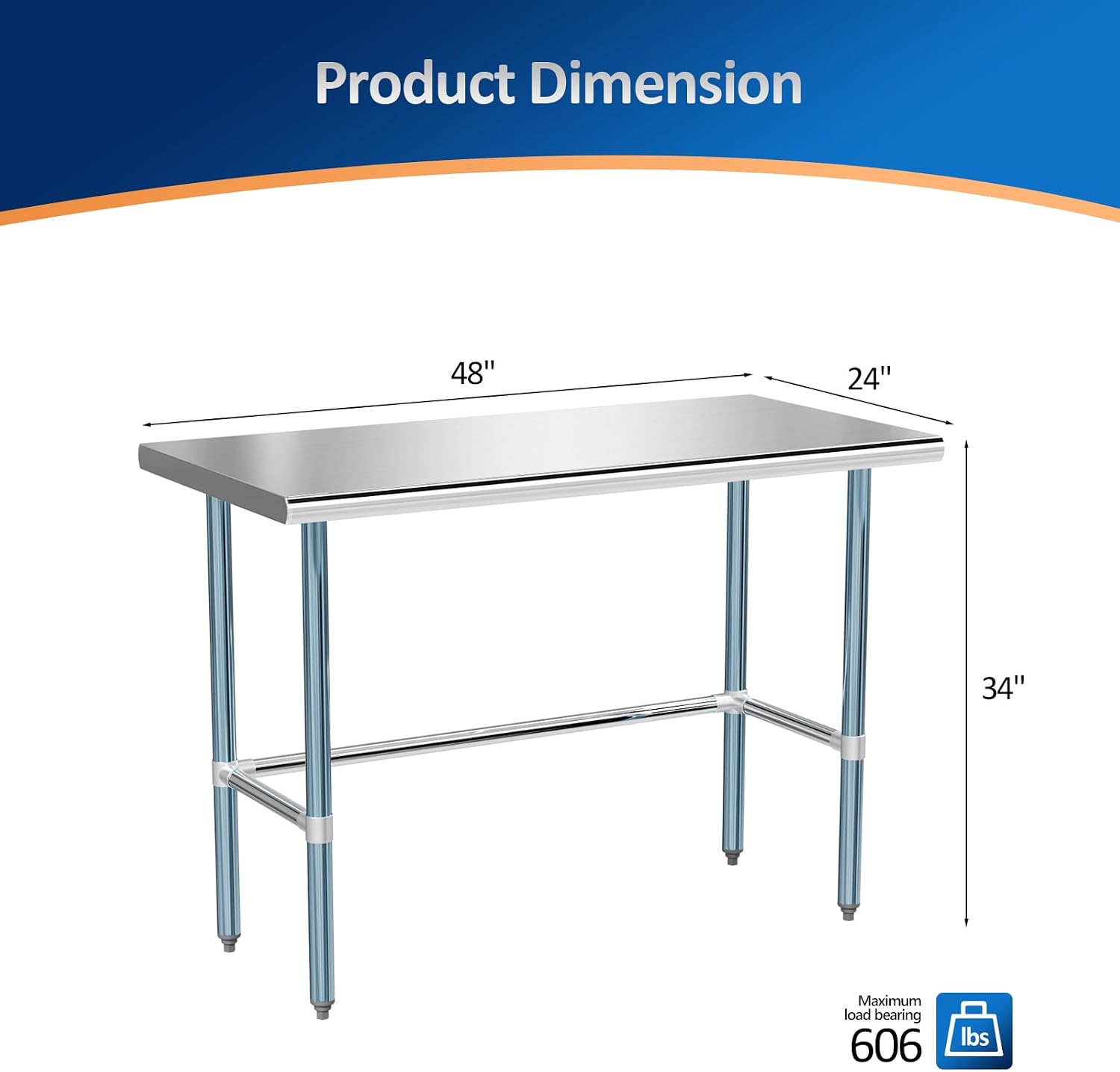ROVSUN Open Base Stainless Steel Table 48 x 24 Inches, NSF Commercial Heavy Duty Prep & Work Table,Metal Table for Kitchen, Restaurant, Home, Hotel, Garage, Laundry