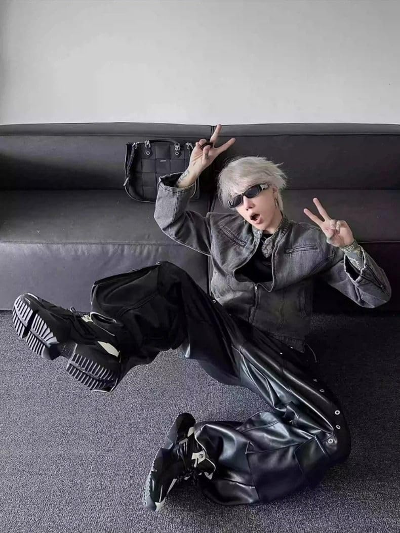 Spring Autumn Long Loose Casual Shiny Pu Leather Pants Men Rivet Wide Leg Trousers Punk Style Streetwear