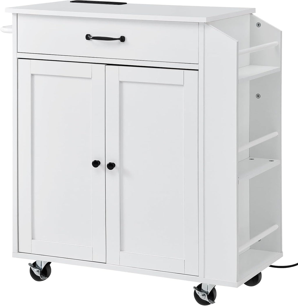 VEVOR Kitchen Island Cart, 32' Mobile Carts with Storage Cabinet, Rolling Table with Power Outlet, Spice Rack, Towel Bar, Adjustable Shelf, Drawer, Dining Living Room Portable Islands on Wheels, White