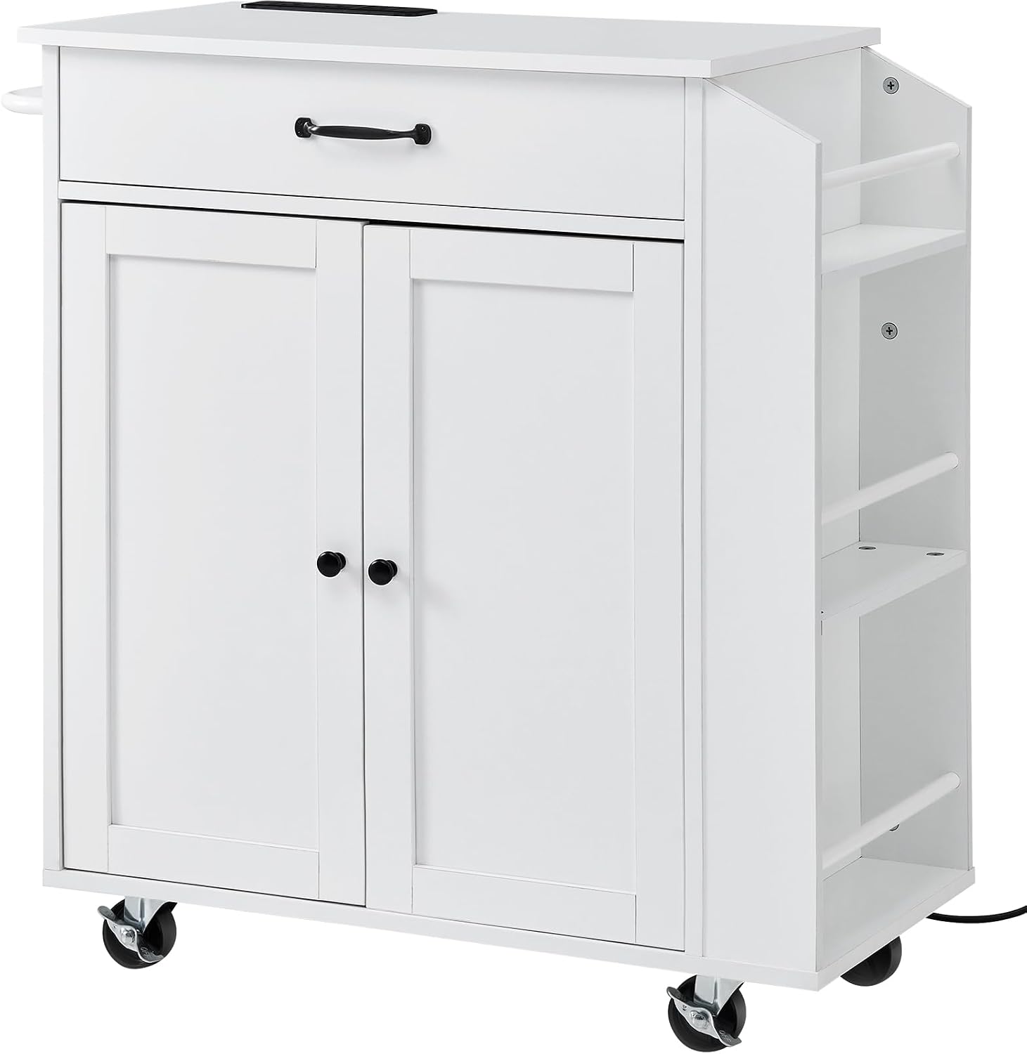 VEVOR Kitchen Island Cart, 32' Mobile Carts with Storage Cabinet, Rolling Table with Power Outlet, Spice Rack, Towel Bar, Adjustable Shelf, Drawer, Dining Living Room Portable Islands on Wheels, White