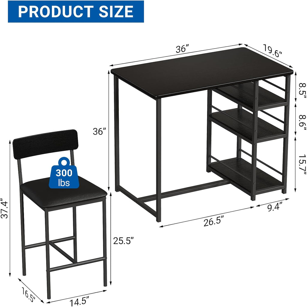 GarveeHome Dining Table Set for 2, Counter Height Kitchen Table with 2 Upholstered Bar Stools, Dining Table and Chairs Set with Storage Shelves, for Small Space, Apartment, Studio, Retro Black