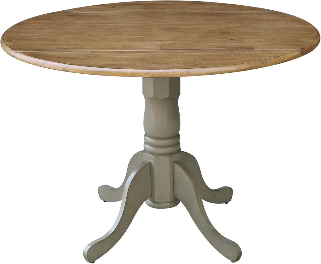 IC International Concepts, 42' Round Dual Drop Leaf Pedestal Dining Table, Solid Real Wood, Sturdy Parawood, Distressed Hickory/Stone