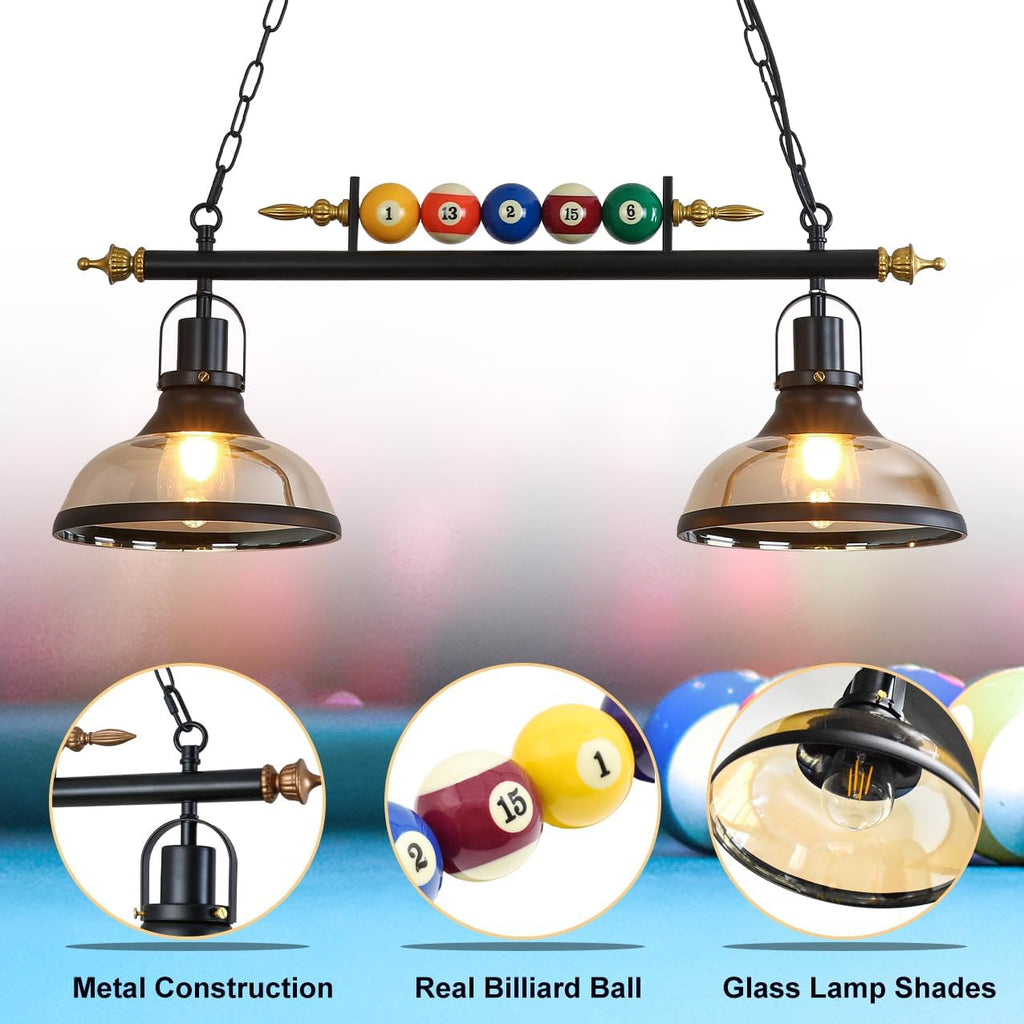 iMeshbean Pool Table Light, 2-Light Pool Table Lighting Fixtures Ceiling Lamp for Game Room Beer Bar Billiard Roon, Real Billiard Ball Design Billiard Pendant Lamp,2 Glass Shades