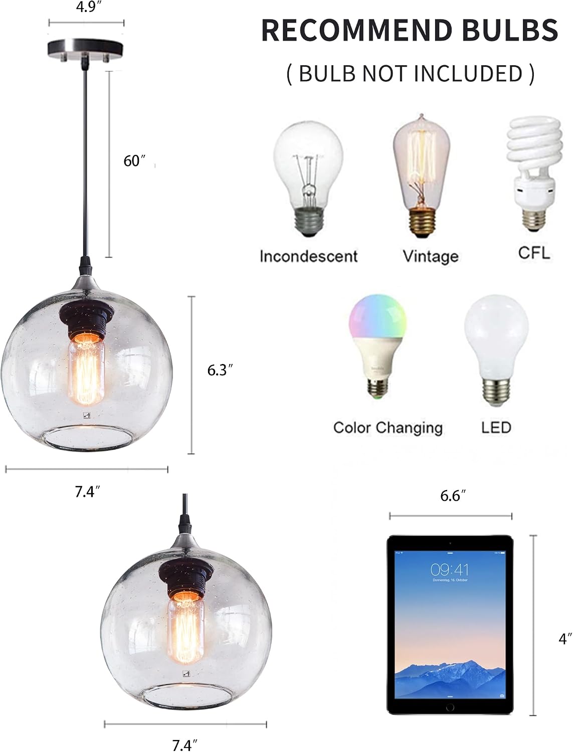 Globe Pendant Lights Kitchen Island 3 Pack Hand Blown Glass Modern Rustic Lighting Clear Seeded Bubbles Dining Room Table Coffee Bar Counter Brushed Nickel Lamp 7.4 Inch Diam