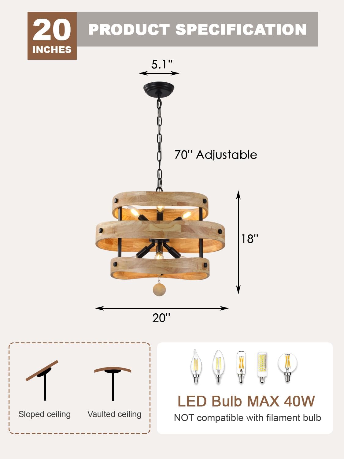 20' Farmhouse Chandeliers for Dining Room 6-Light Solid Wood French Country Rustic Chandelier Light Fixtures Over Table for Kitchen Entryway Foyer Bedroom Living Room