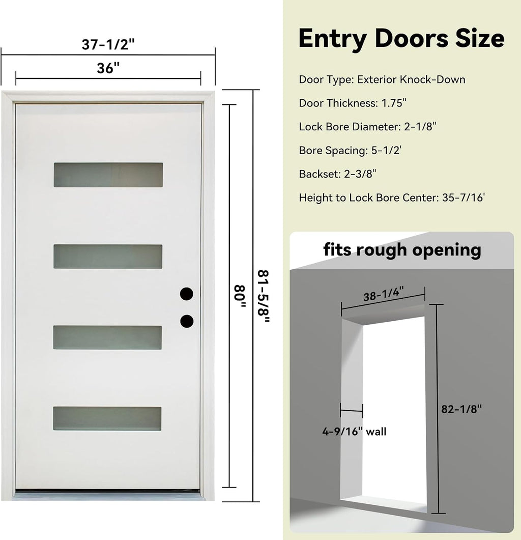 Fiberglass Front Entry Door, 36' x 80' White Knock-Down Door with 4-Lite Frosted Glass, 4-9/16' White Vinyl Frame & Left-Hand Inswing, Modern Style for Residential Exterior Use