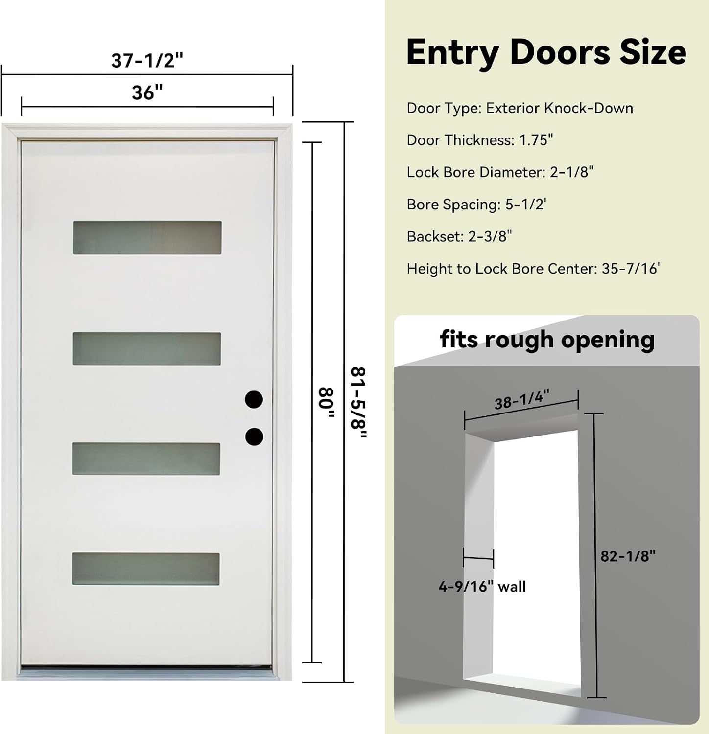 Fiberglass Front Entry Door, 36' x 80' White Knock-Down Door with 4-Lite Frosted Glass, 4-9/16' White Vinyl Frame & Left-Hand Inswing, Modern Style for Residential Exterior Use