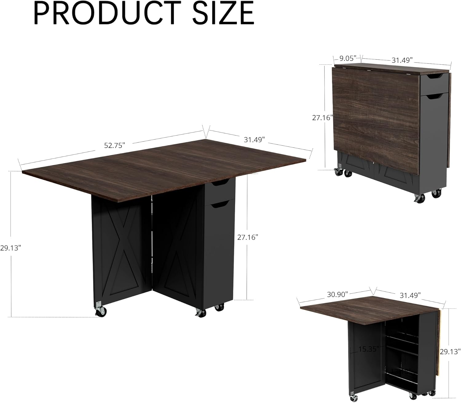 3imothrix Folding Dining Table, Small Dining Table, Space Saving Dining Table with 6 Wheels, Kitchen Table Sewing Table for Small Spaces (Black Dark Brown)