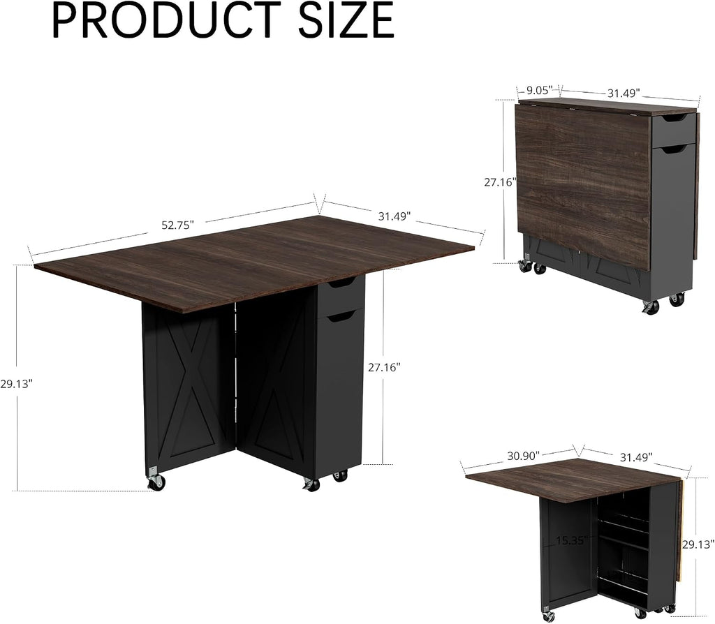 Folding Dining Table with 6 Wheels, Drop Leaf Tables for Small Spaces, Foldable Dining Table with 2-Layer Storage Rack, Kitchen Table with Drawer (Brown Wood and Black)