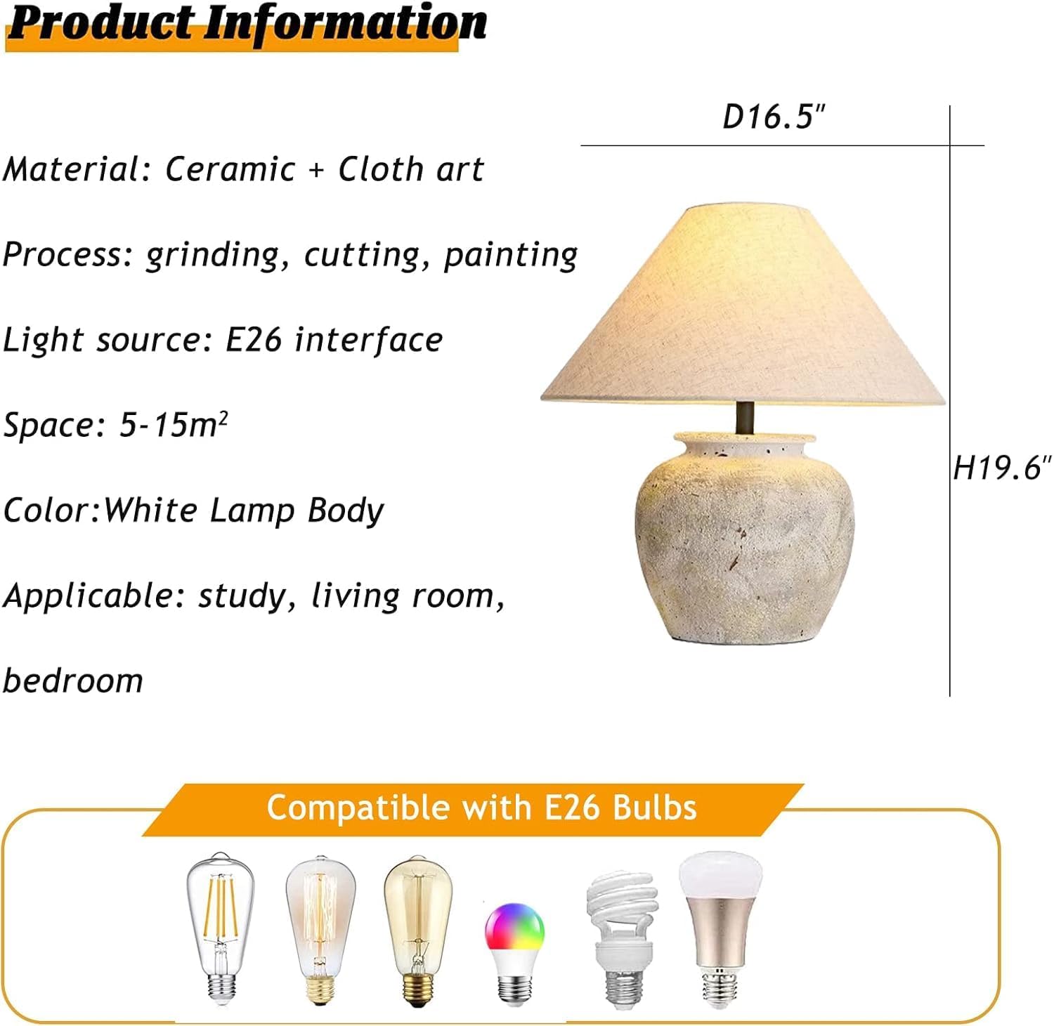 Rustic Farmhouse Crock Pot Table Lamp Handmade Creative Ceramic Table Lamp Southwest White Lamp Body with Off-White Fabric Lampshade Bedside Nightstand for Living Room Bedroom Home Office