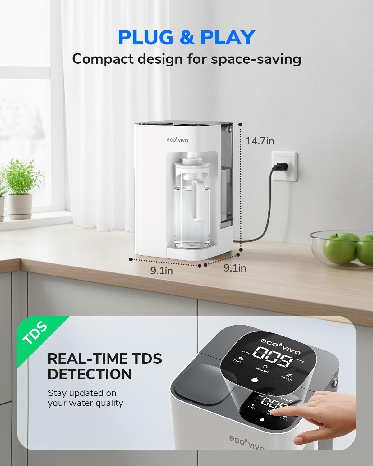 Ecoviva Mate 3 UV Countertop Reverse Osmosis Water Filter with 2 Auto-Fill Pitchers, 9-Stage RO Filtration System, Installation-Free, Reduces TDS, 3:1 Pure-to-Drain Ratio, Home & Kitchen, White