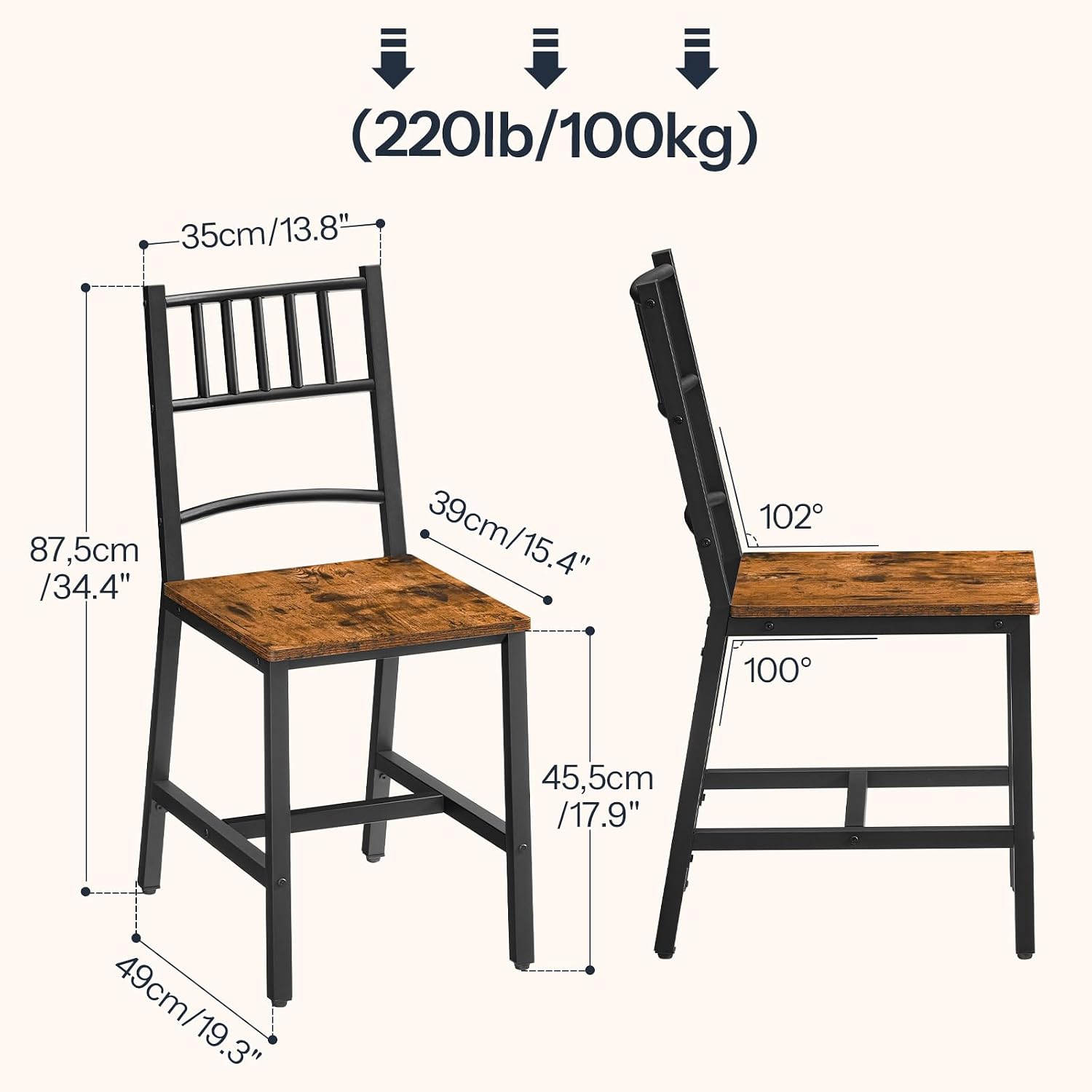 HOOBRO Dining Chairs Set of 4, Wooden Kitchen Chairs with Metal Frame, Industrial Dining Chairs with Back, Easy to Assemble, Farmhouse Dining Chairs for Living Room, Rustic Brown and Black BF39CDP401