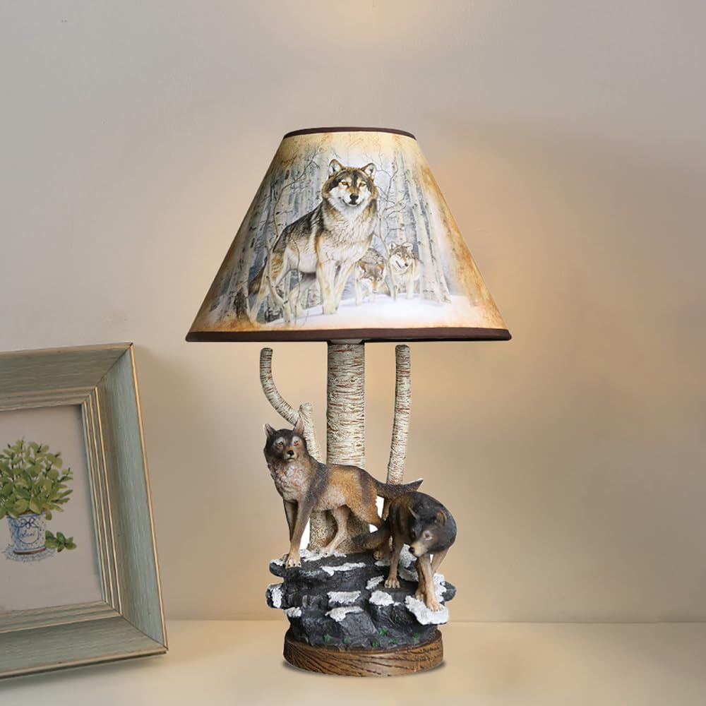 Meefad Wolf Table Lamp, Rustic Bedside Lamp with Resin Base, Retro Night Light, Accent Lamp for Bedroom Reading Nightstand
