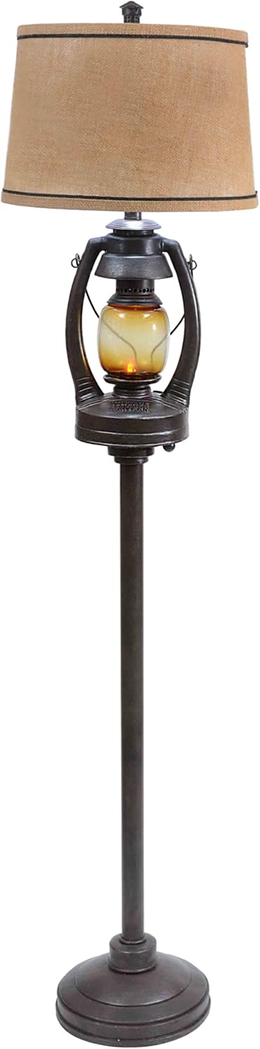BLACK FOREST DECOR Vintage Lantern Floor Lamp with Burlap Shade - Rustic Lodge Standing Lamp
