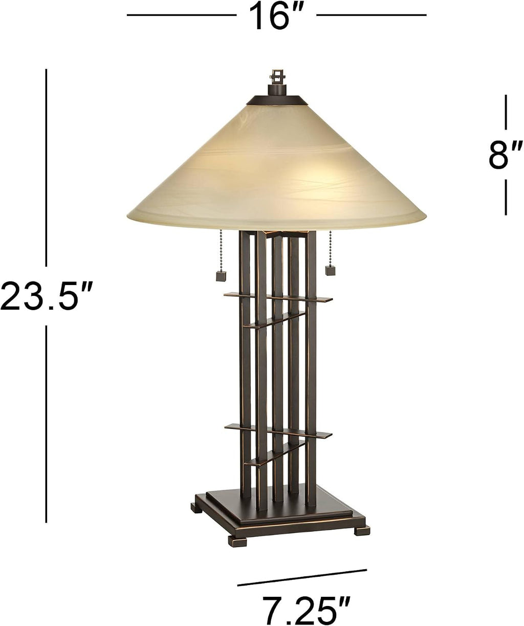 Franklin Iron Works Metro Collection 23 1/2' High Planes 'n' Posts Small Farmhouse Rustic Modern Accent Table Lamps Set of 2 Pull Chain Metal Amber Art Glass Shade Living Room Bedroom Bedside