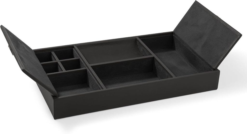 Leatherology Black Onyx Deluxe Valet Tray – Jewelry & Watch Organizer with Covered and Open Compartments, Microsuede Lining – Elegant Catchall for Bedroom, Closet or Bathroom