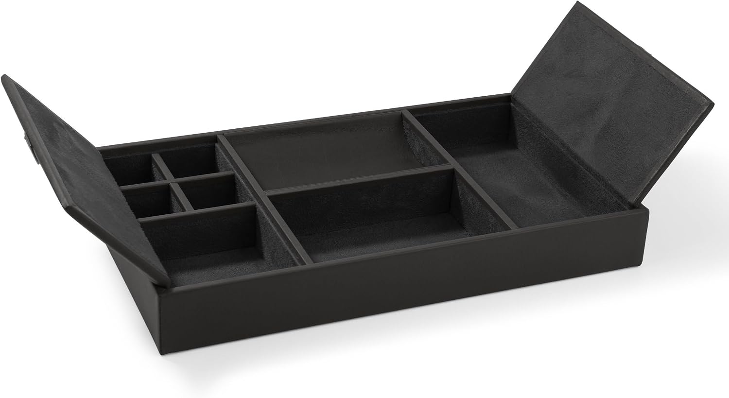 Leatherology Black Onyx Deluxe Valet Tray – Jewelry & Watch Organizer with Covered and Open Compartments, Microsuede Lining – Elegant Catchall for Bedroom, Closet or Bathroom
