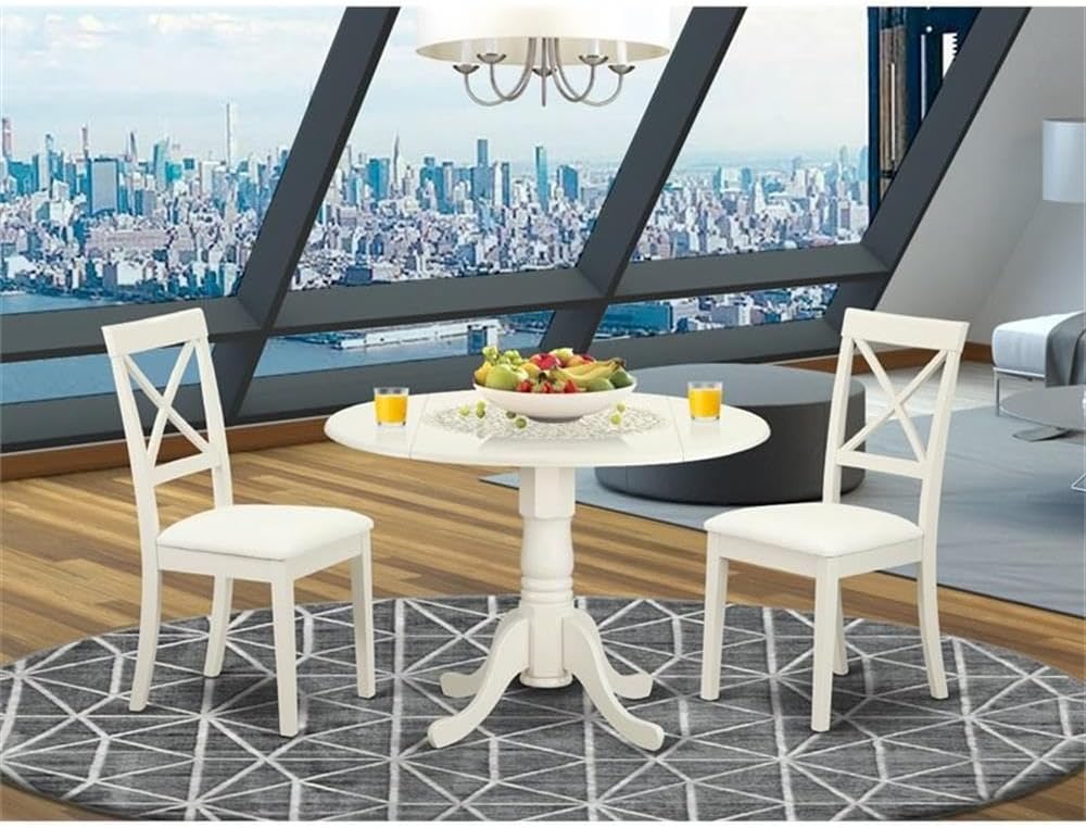 East West Furniture DLBO3-LWH-LC 3 Piece Modern Dining Table Set Contains a Round Wooden Table with Dropleaf and 2 Faux Leather Kitchen Dining Chairs, 42x42 Inch, Linen White